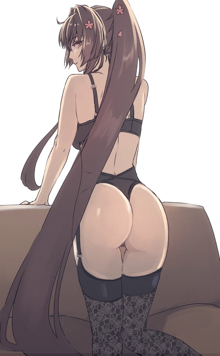 1girl arm_support ass black_bra black_legwear black_panties bra breasts brown_hair closed_mouth couch from_behind garter_straps hair_intakes highres kantai_collection kasumi_(skchkko) large_breasts lingerie long_hair looking_at_viewer on_couch panties ponytail sidelocks simple_background solo thigh-highs underwear very_long_hair white_background yamato_(kancolle)