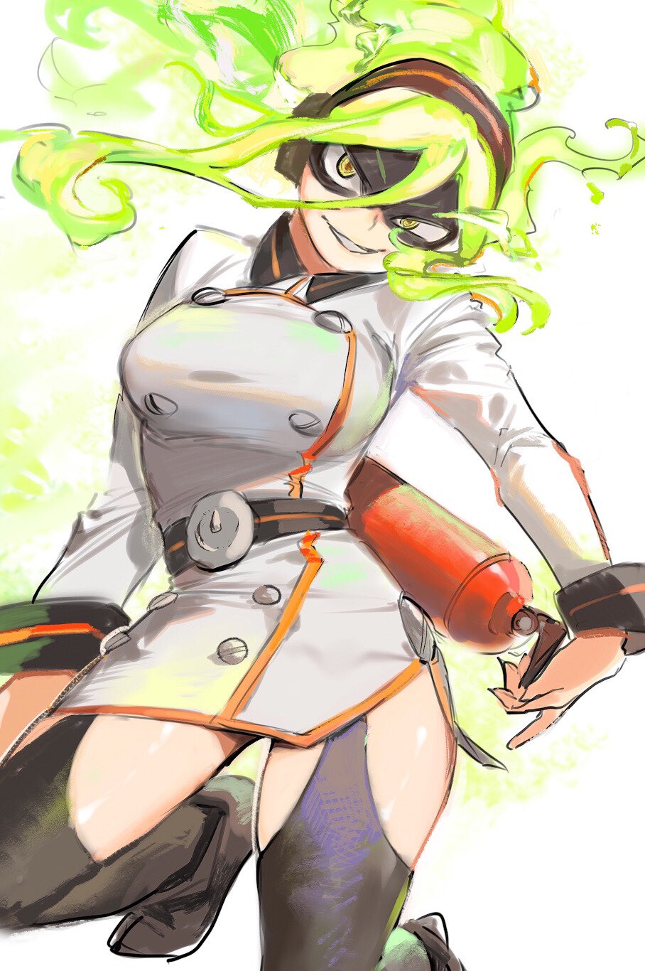 1girl akiyama_youkou black_legwear black_mask boku_no_hero_academia breasts burnin_(boku_no_hero_academia) domino_mask eyebrows_visible_through_mask fiery_hair fire_extinguisher gradient_hair green_eyes green_hair grin highres looking_at_viewer mask multicolored_hair parted_lips smile solo