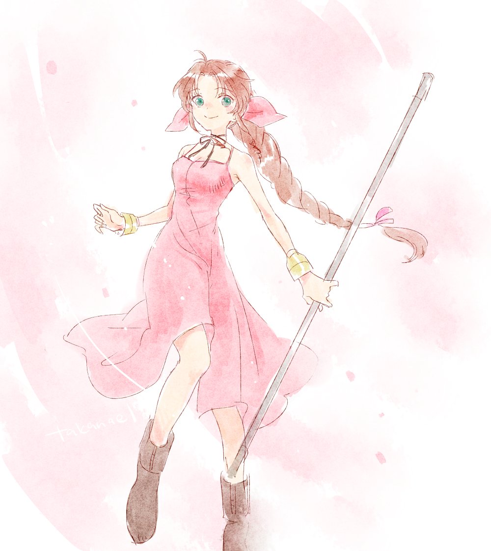1girl aerith_gainsborough bangs bare_arms boots bracelet braid braided_ponytail breasts choker dress falling_petals final_fantasy final_fantasy_vii green_eyes hair_ribbon holding holding_weapon jacket jacket_removed jewelry long_dress long_hair parted_bangs petals pink_background pink_dress pink_ribbon ribbon ribbon_choker sidelocks smile solo square_enix staff takanamushi weapon