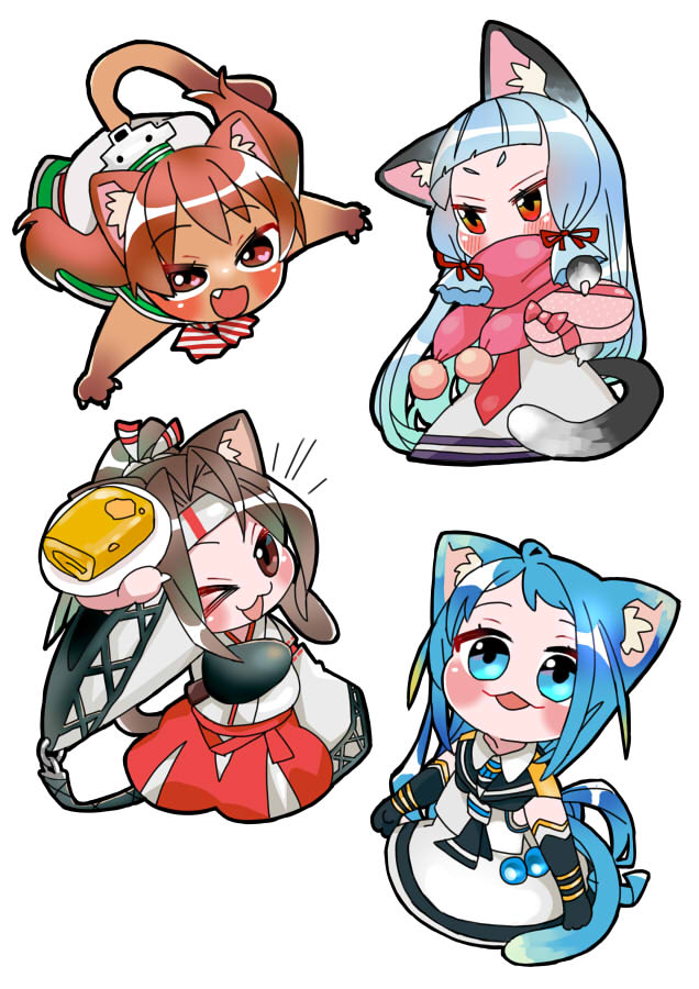 &gt;_o 4girls :3 animal_ear_fluff animal_ears animal_hands bangs black_gloves blue_eyes blue_hair blush box brown_hair cat_ears cat_girl cat_tail dress fang food gloves hachimaki hair_ribbon headband heart-shaped_box hime_kake holding holding_plate japanese_clothes kantai_collection libeccio_(kancolle) long_hair long_sleeves multiple_girls muneate murakumo_(kancolle) omelet one_eye_closed open_mouth pink_scarf plate ponytail ribbon sailor_collar sailor_dress samidare_(kancolle) scarf school_uniform serafuku silver_hair simple_background tail tamagoyaki tress_ribbon twintails white_background wide_sleeves zuihou_(kancolle)