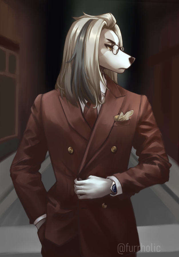 1boy adjusting_clothes aggressive_retsuko artist_name brown_suit dog formal furrholic furry furry_male glassses hand_in_pocket himuro_(aggressive_retsuko) indoors looking_to_the_side male_focus pocket_square solo standing suit watch watch white_hair