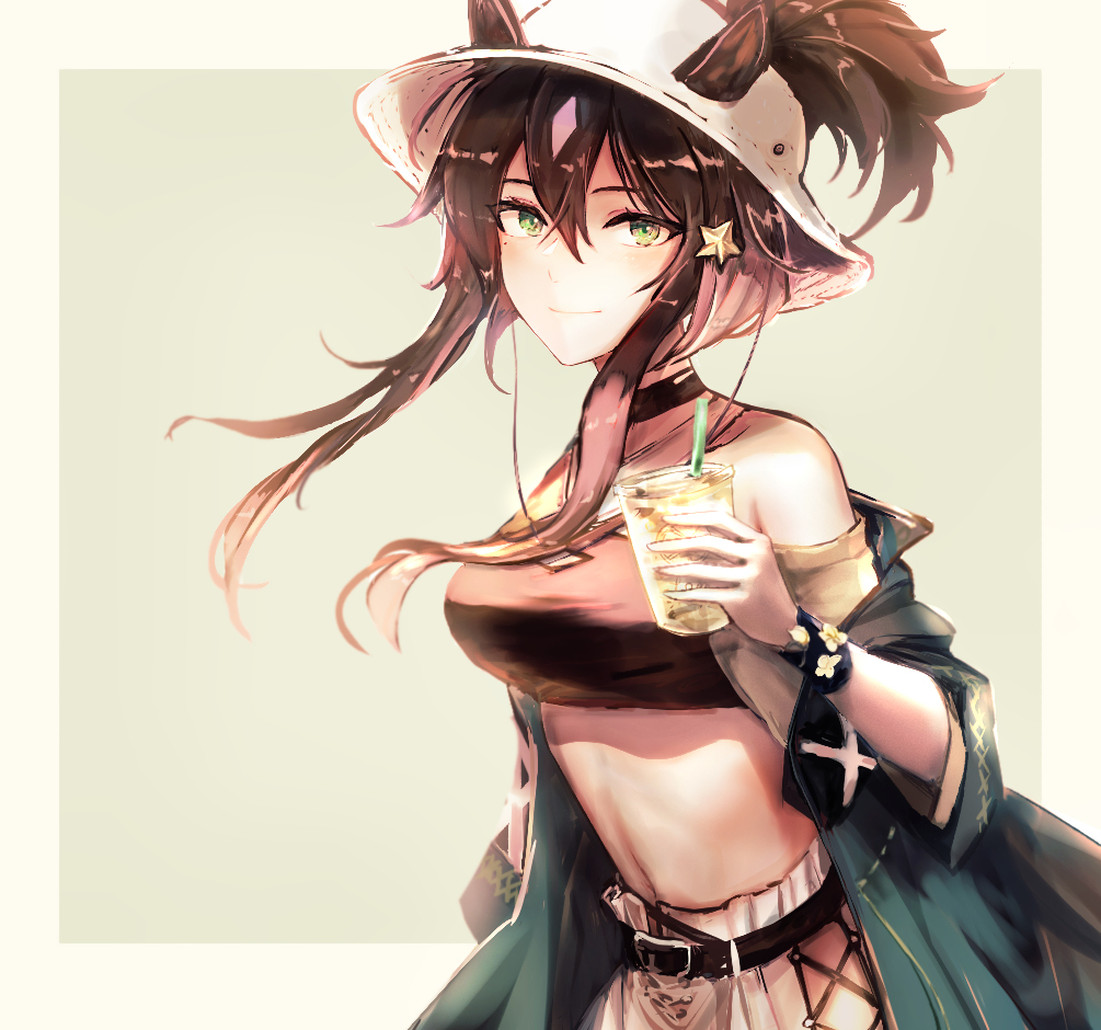 1girl animal_ears arknights bangs bare_shoulders black_choker black_hair breasts choker commentary crop_top cup disposable_cup dora_(user_jnfr7827) drinking_straw ears_through_headwear fedora green_eyes green_jacket grey_background hair_between_eyes hair_ornament hat holding holding_cup horse_ears jacket large_breasts long_hair looking_at_viewer meteor_(arknights) meteor_(bard's_holiday)_(arknights) midriff navel off_shoulder official_alternate_costume revision smile solo star_(symbol) star_hair_ornament stomach upper_body white_headwear