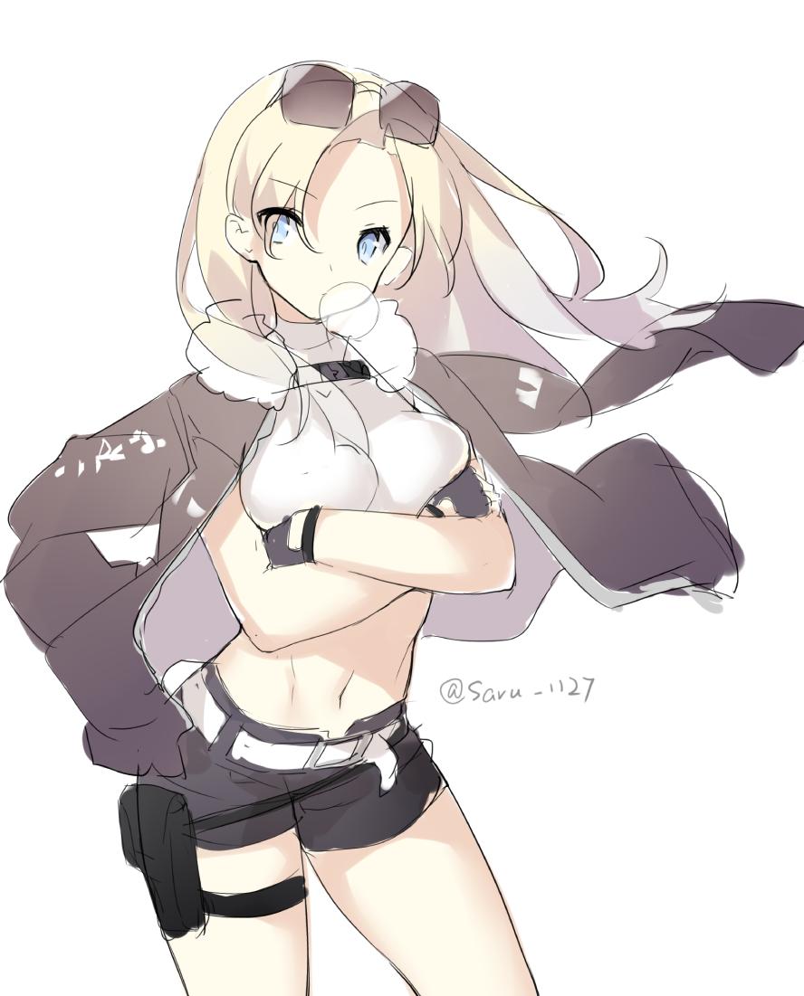 1girl bangs belt belt_buckle black_shorts blonde_hair blue_eyes breasts bright_pupils bubble_blowing buckle chewing_gum colt_revolver_(girls'_frontline) cowboy_shot crossed_arms eyewear_on_head fingerless_gloves girls_frontline gloves holster jacket jacket_on_shoulders long_hair midriff navel older parted_bangs saru shirt short_shorts shorts sketch solo stomach sunglasses taut_clothes taut_shirt twitter_username white_background white_belt white_shirt wind