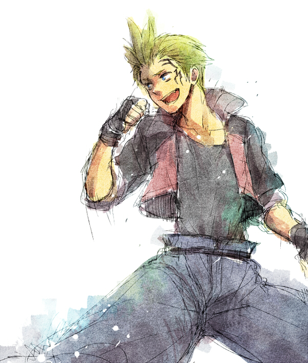 1boy black_shirt blonde_hair blue_eyes blue_shorts collarbone cropped_jacket facial_tattoo fang fighting_stance final_fantasy final_fantasy_viii fingerless_gloves gloves lower_teeth open_mouth shirt shorts solo spiky_hair square_enix takanamushi tattoo teeth upper_body upper_teeth white_background zell_dincht