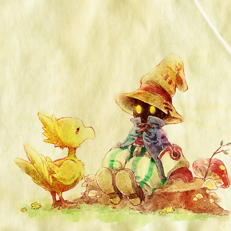 1boy black_mage blue_coat boots candy candy_bar chocoboo coat final_fantasy final_fantasy_ix flower food full_body gloves glowing hat high_collar lace-up mushroom pants red_gloves square_enix striped striped_pants takanamushi texture tree_stump vivi_ornitier wizard_hat yellow_eyes