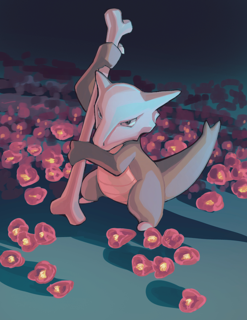 bone brown_eyes commentary_request flower fusenryo holding holding_bone marowak no_humans pokemon pokemon_(creature) red_flower skull solo standing