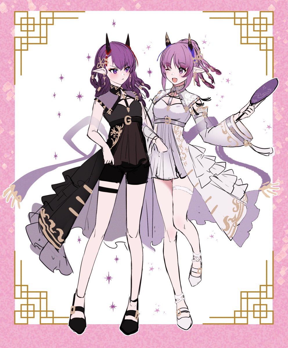 2girls :&lt; ;d arknights black_dress black_footwear black_shorts blush border closed_mouth detached_sleeves dress eye_contact hibiscus_(arknights) highres holding horns lava_(arknights) lava_the_purgatory_(arknights) long_sleeves looking_at_another multiple_girls nicole_(lion) one_eye_closed pink_border pointy_ears ponytail purple_hair shoes short_shorts shorts sleeveless sleeveless_dress smile standing standing_on_one_leg violet_eyes white_background white_dress white_footwear white_sleeves wide_sleeves