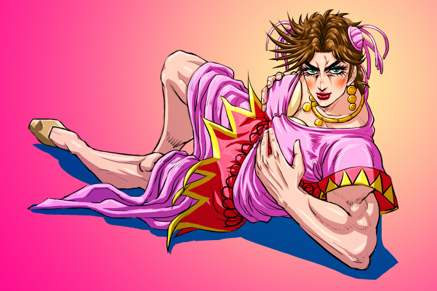 1boy battle_tendency breast_padding brown_hair c-7_(assate) crossdressing dress earrings eyelashes facial_mark green_eyes hair_ornament jewelry jojo_no_kimyou_na_bouken joseph_joestar joseph_joestar_(tequila) lying makeup male_focus muscular muscular_male on_side pink_dress self_fondle solo