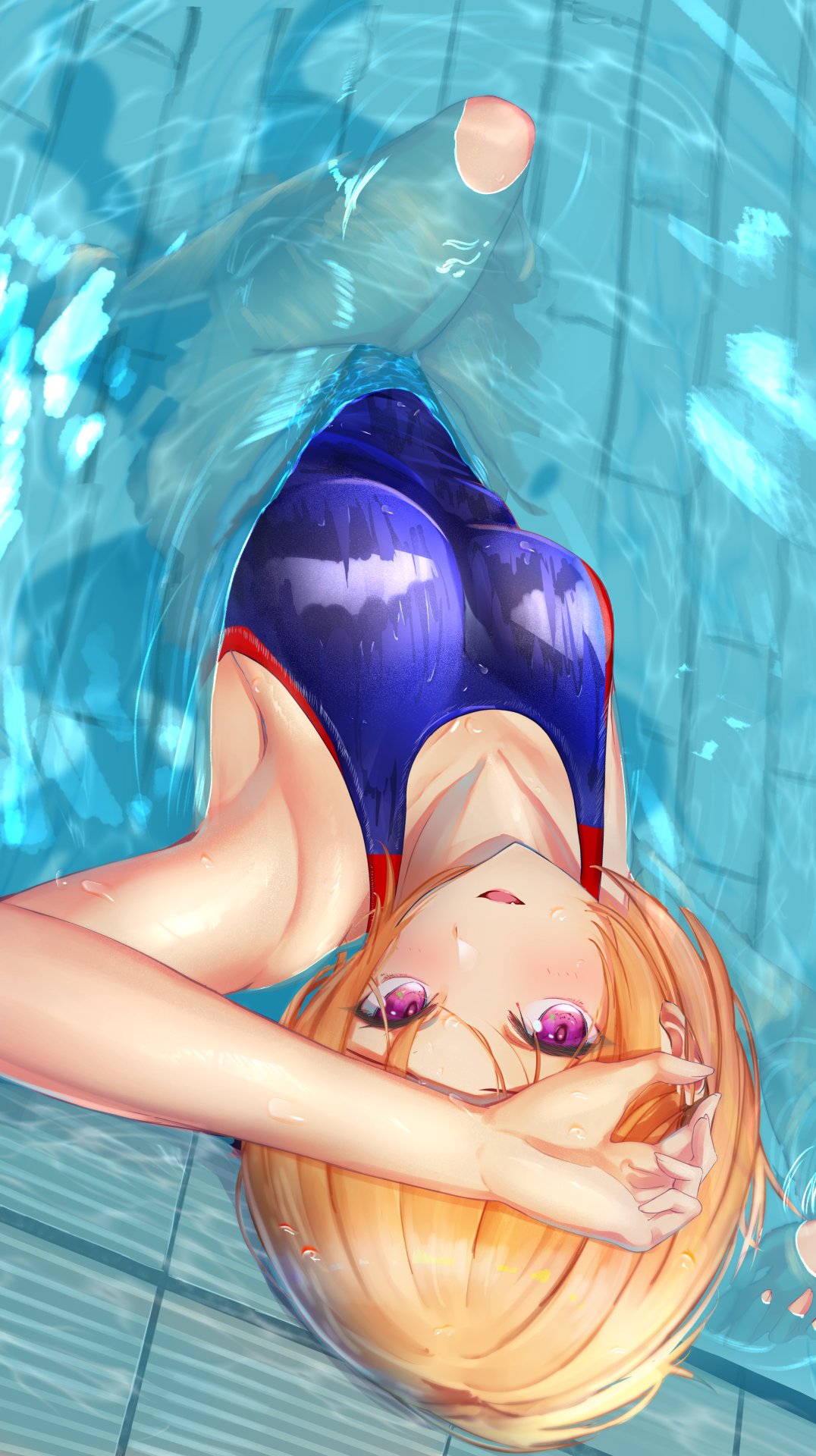 1girl arm_on_head armpits bangs blonde_hair blue_swimsuit blush breasts character_request collarbone commentary_request copyright_request highres in_water looking_at_viewer medium_breasts one-piece_swimsuit open_mouth pool short_hair solo sunvinegar swimsuit upside-down violet_eyes water wet wet_hair
