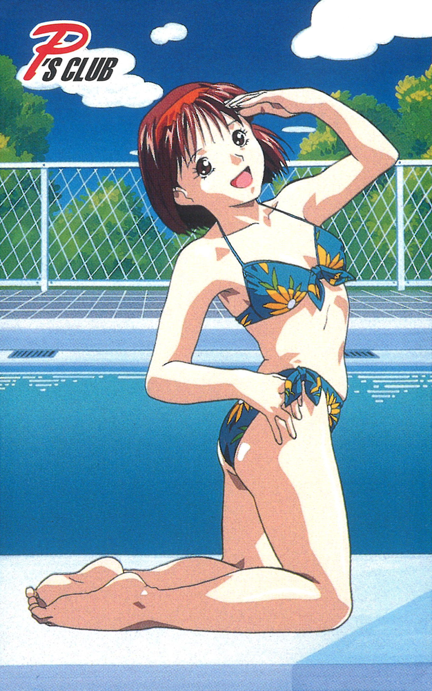 1990s_(style) 1girl arm_up bangs barefoot bikini blue_bikini day floral_print full_body hairband halter_top halterneck kayama_tamami kneeling non-web_source official_art open_mouth outdoors pool red_eyes red_hairband redhead retro_artstyle scan short_hair solo super_real_mahjong swimsuit tanaka_ryou water