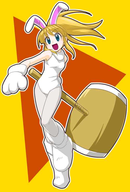 1girl animal_ears animal_hands blonde_hair blue_eyes breasts commentary_request fake_animal_ears gloves hammer kurowasagi leotard long_hair mega_man_(series) nengajou new_year open_mouth orange_background pantyhose paw_gloves playboy_bunny roll_(mega_man) simple_background small_breasts standing white_background white_footwear white_gloves white_legwear white_leotard yellow_background