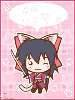 1girl ;3 animal_ears artist_request black_hair bow cat_ears cat_girl cat_tail chibi hair_bow holding holding_sword holding_weapon japanese_clothes katana long_hair looking_at_viewer lowres noihara_himari omamori_himari one_eye_closed ponytail solo speech_bubble sword tail translation_request weapon