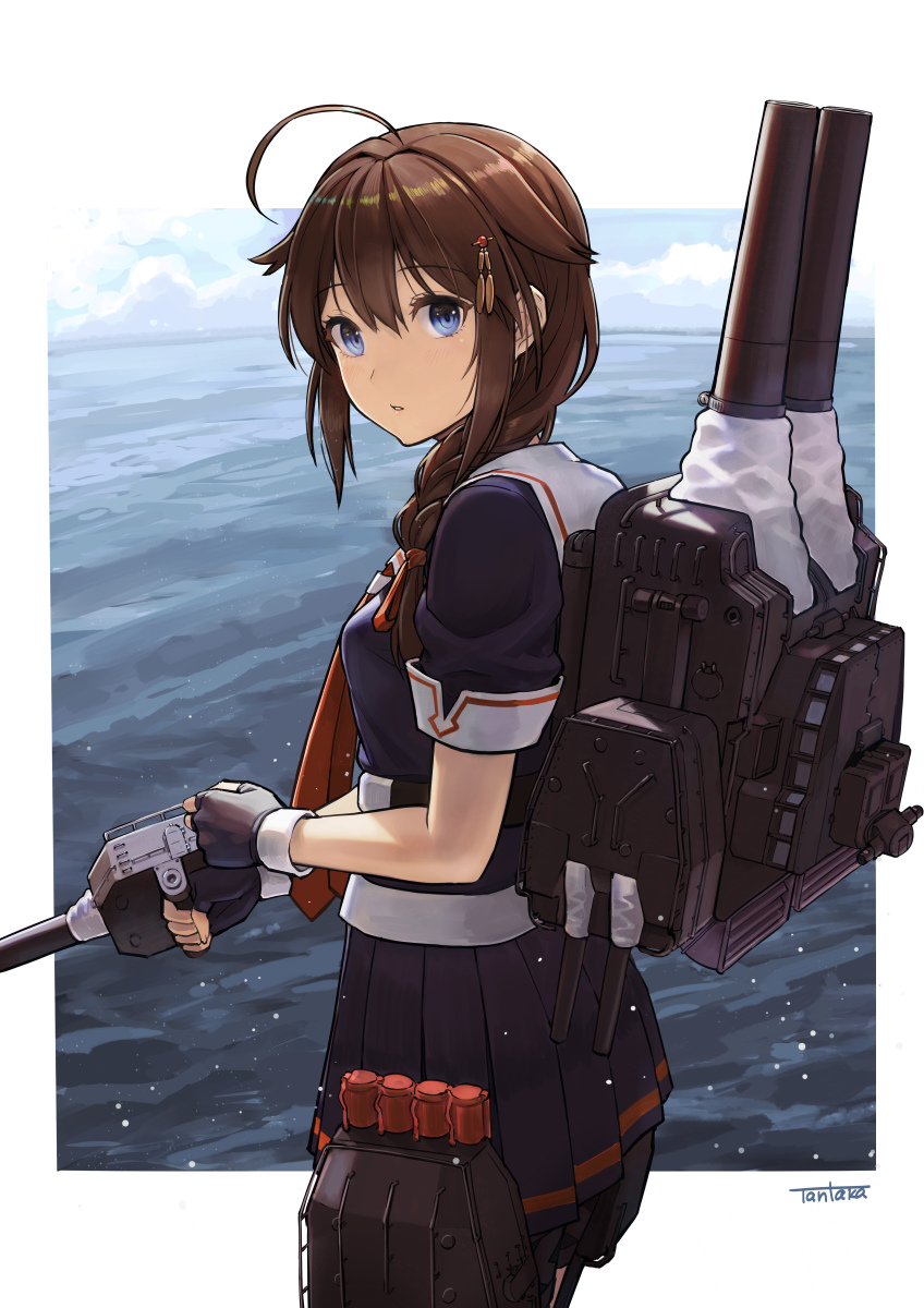 1girl ahoge black_serafuku blue_eyes braid brown_hair cowboy_shot fingerless_gloves gloves hair_flaps hair_ornament hair_over_shoulder highres kantai_collection looking_at_viewer looking_back machinery neckerchief necktie red_neckerchief remodel_(kantai_collection) school_uniform serafuku shigure_(kancolle) shigure_kai_ni_(kancolle) single_braid tantaka torpedo torpedo_launcher turret