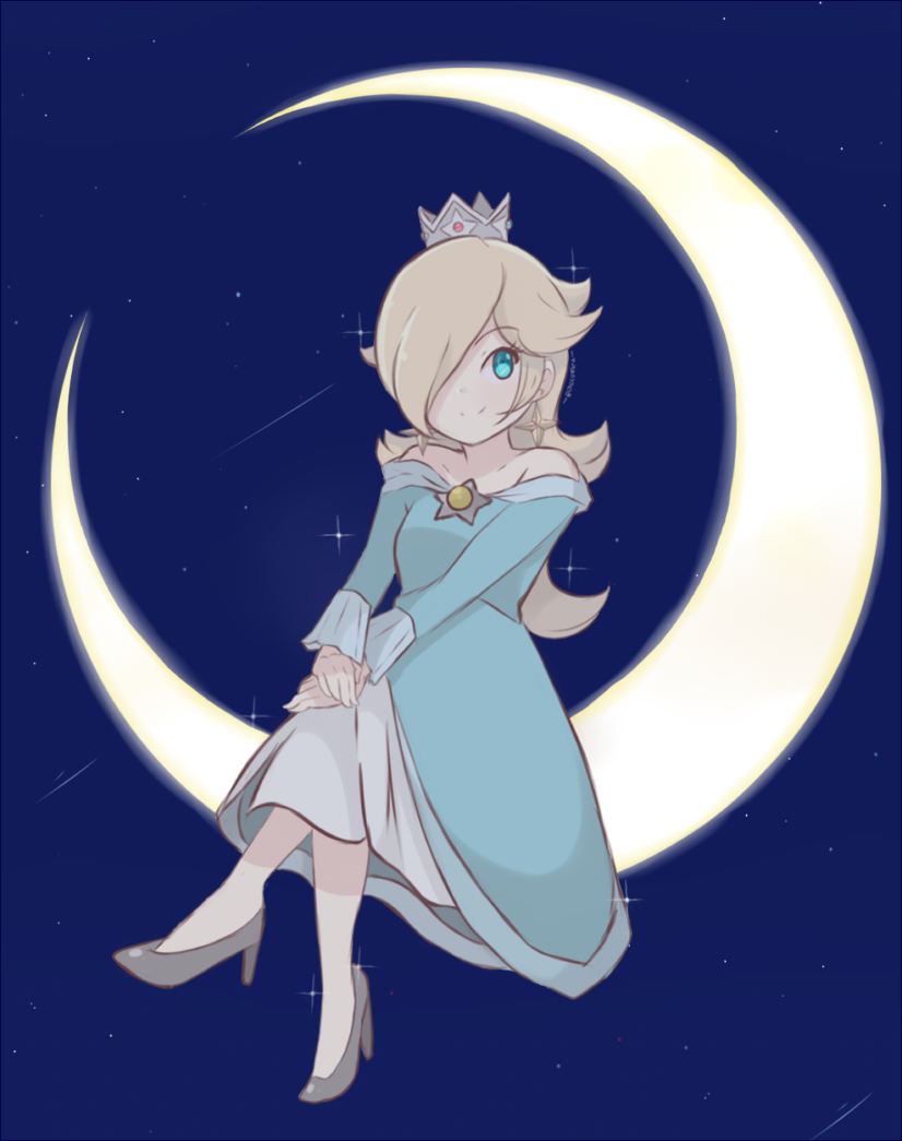 1girl aqua_dress aqua_eyes artist_name bare_shoulders blonde_hair brooch chocomiru closed_mouth crescent_moon crown dress earrings hair_over_one_eye jewelry long_hair looking_at_viewer moon one_eye_closed princess rosalina signature smile solo star_(sky) star_(symbol) star_earrings super_mario_bros. super_mario_galaxy tiara