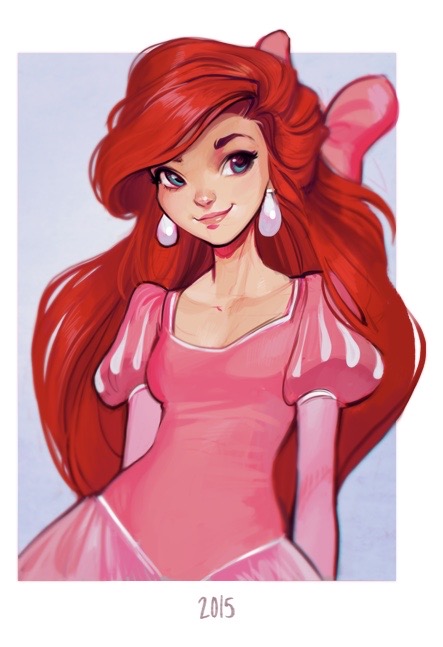 1girl absurdly_long_hair ariel_(disney) blue_eyes breasts clavicle hair_between_eyes hair_ornament human long_dress pink_bow pink_dress puffy_sleeves redhead standing the_little_mermaid younger