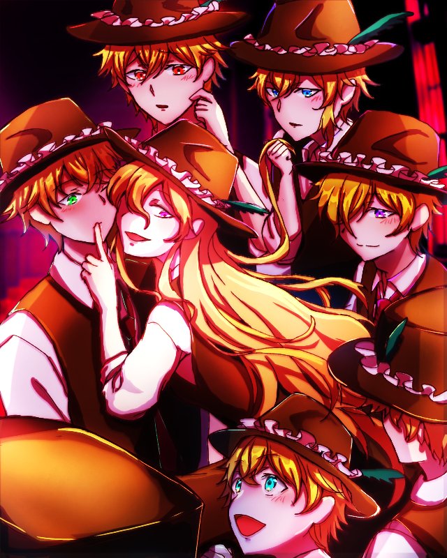 1girl 6+boys blonde_hair blue_eyes blush brown_headwear brown_pants brown_vest closed_mouth collared_shirt dolls_in_pseudo_paradise fedora finger_in_another's_mouth frilled_hat frills green_eyes hair_over_one_eye hat hat_feather jacket_girl_(dipp) light_blue_eyes long_hair long_sleeves looking_at_viewer multiple_boys naughty_face necktie open_mouth orange_hair pants red_necktie rokki_hero seductive_smile shirt short_hair smile touhou very_long_hair vest violet_eyes white_shirt