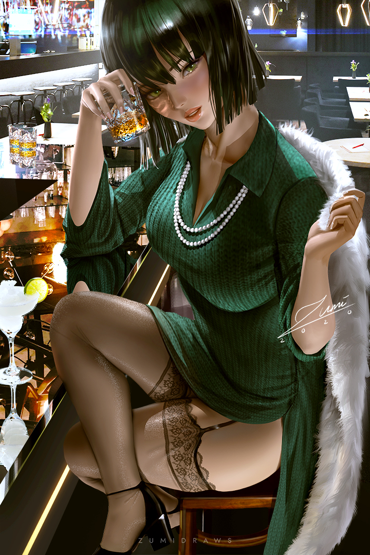 1g alcohol bangs banned_artist bob_cut champagne champagne_bottle cocktail cocktail_glass cup dress drinking_glass fubuki_(one-punch_man) green_dress green_eyes green_hair jewelry lips necklace one-punch_man pantyhose short_hair solo straight_hair whiskey zumi_(zumidraws)