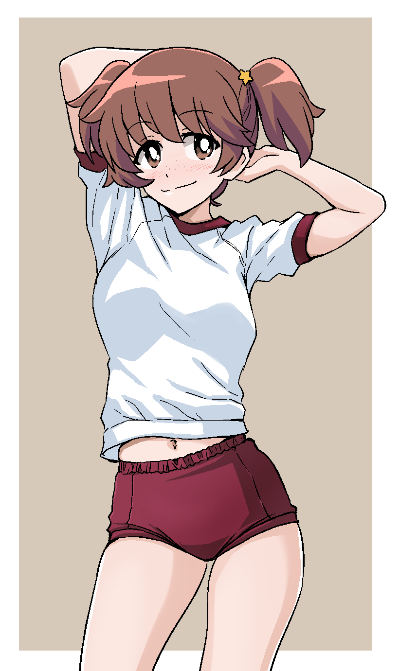 1girl alisa_(girls_und_panzer) arm_behind_head arms_up bangs border bright_pupils brown_eyes brown_hair buruma closed_mouth commentary_request cowboy_shot freckles girls_und_panzer grey_background gym_shirt gym_uniform hair_ornament highres looking_at_viewer midriff_peek navel outside_border ponzu_rui red_buruma shirt short_hair short_sleeves smile solo standing star_(symbol) star_hair_ornament white_border white_pupils white_shirt
