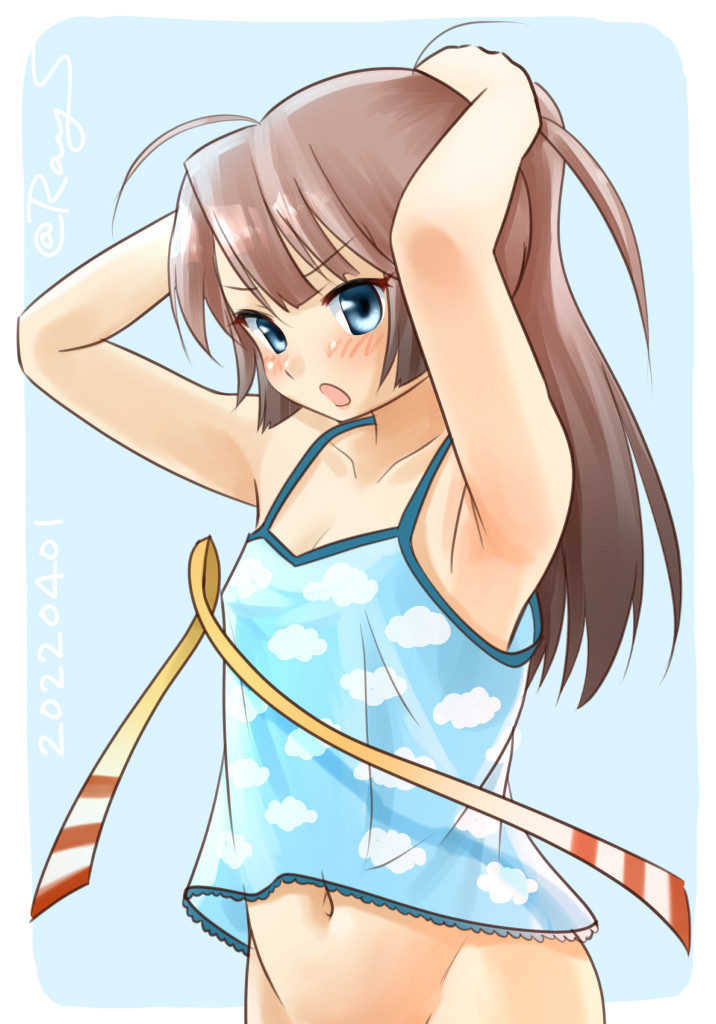 1girl blue_background blue_camisole brown_hair camisole cloud_print commentary_request grey_eyes hair_ribbon holding holding_hair kantai_collection kazagumo_(kancolle) long_hair looking_at_viewer one-hour_drawing_challenge out-of-frame_censoring ponytail ray.s ribbon solo upper_body
