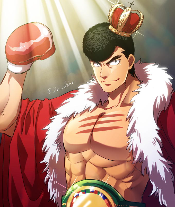 1boy black_eyes black_hair boxing_gloves cape championship_belt closed_mouth commentary_request crown gradient gradient_background hajime_no_ippo hand_up jin_akhr lens_flare looking_at_viewer male_focus muscular muscular_male red_cape scar scar_on_chest shiny short_hair smile solo spotlight takamura_mamoru thick_eyebrows tilted_headwear