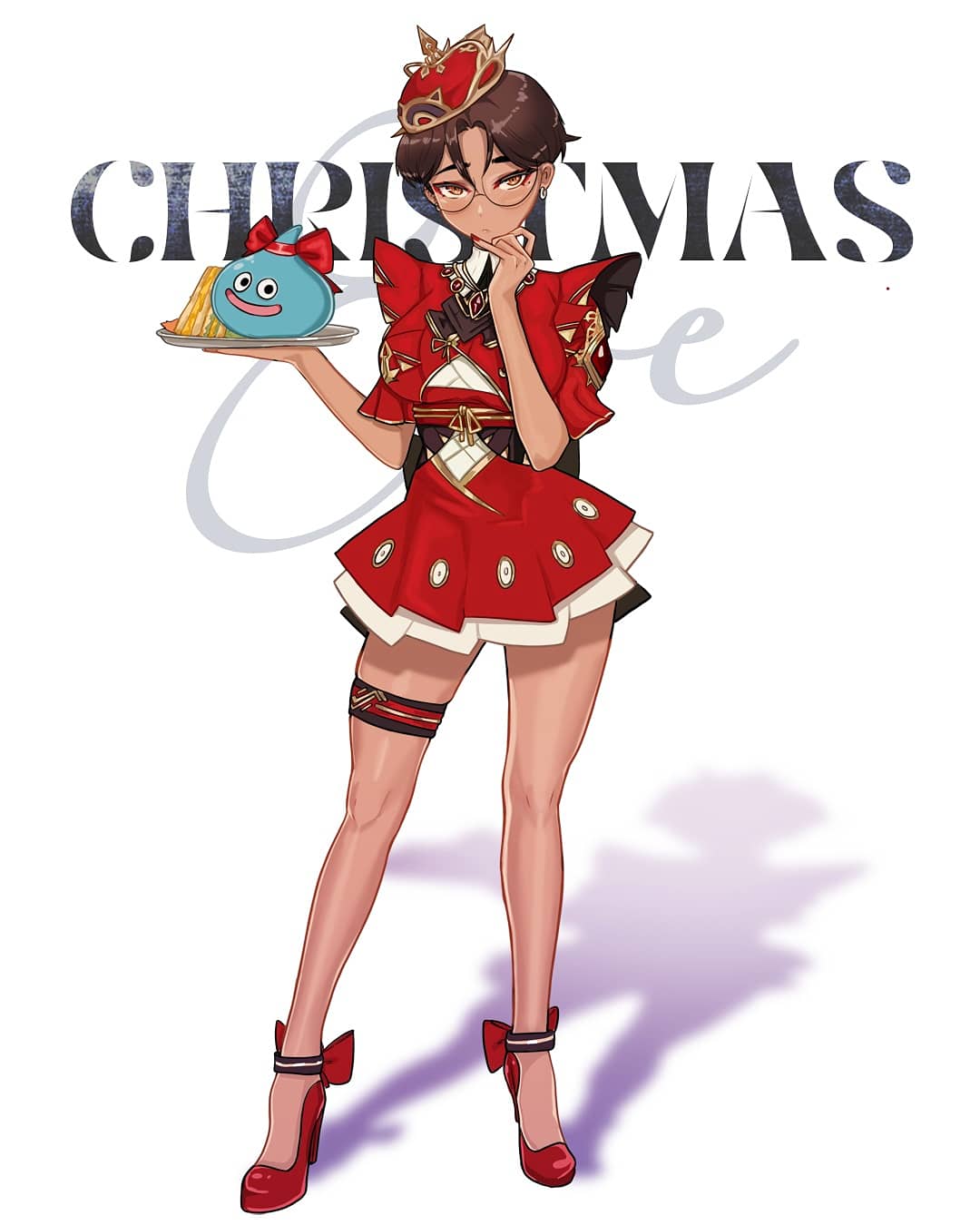 background_text brown_hair christmas crown datli64 dress earrings food glasses high_heels highres jewelry mole mole_under_eye orange_eyes original red_dress red_footwear red_nails red_ribbon ribbon ribbon_trim sandwich shadow slime_(dragon_quest) thigh_strap