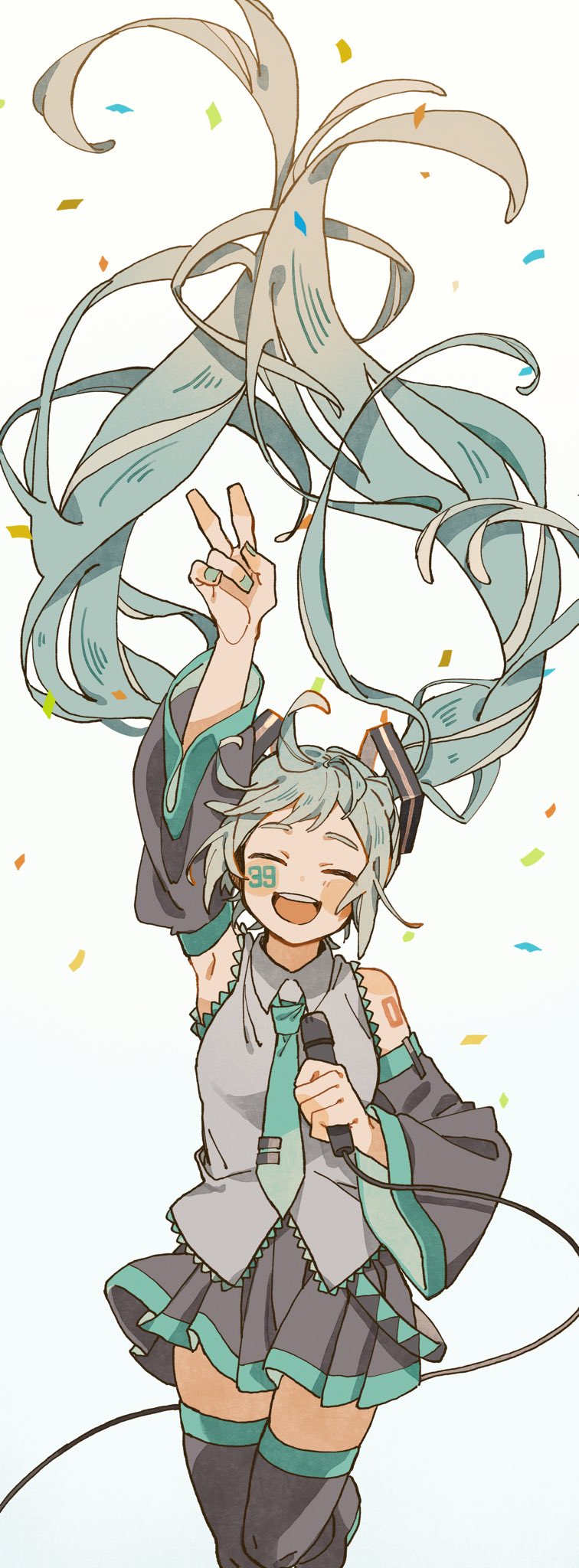 1girl 39 :d ^_^ arm_up bangs bare_shoulders black_legwear black_skirt black_sleeves blue_hair blue_necktie closed_eyes commentary confetti detached_sleeves floating_hair grey_shirt hatsune_miku highres holding holding_microphone long_hair long_sleeves microphone microphone_cord nanataroo_7 necktie pleated_skirt shirt skirt smile solo thigh-highs twintails v very_long_hair vocaloid wide_sleeves