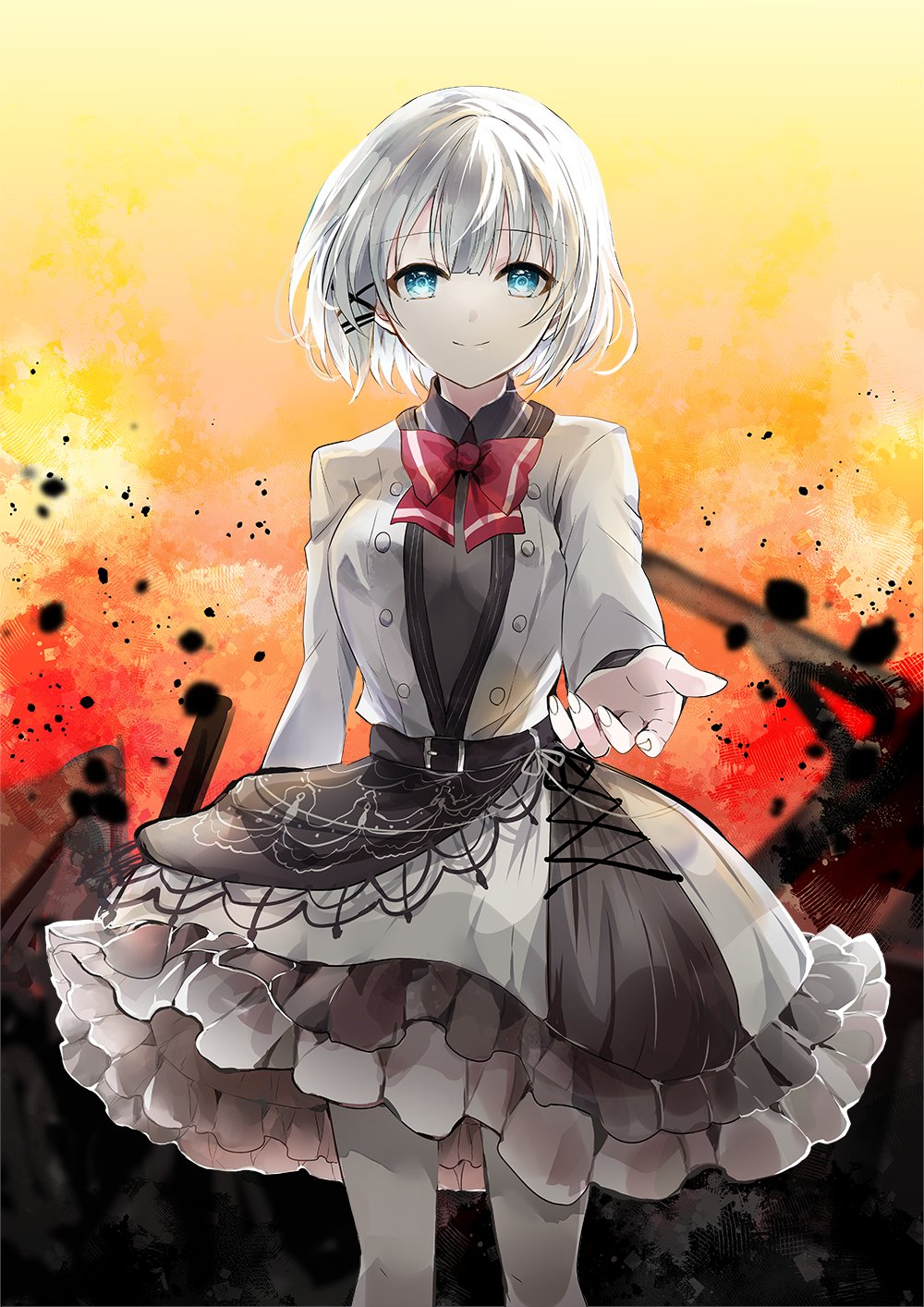 1girl arm_at_side bangs belt belt_buckle black_shirt black_skirt bow bowtie breasts buckle collared_shirt feet_out_of_frame frilled_skirt frills grey_hair grey_jacket grey_legwear grey_skirt hair_ornament highres jacket layered_skirt long_sleeves medium_breasts official_art outstretched_arms reaching_out red_bow red_bowtie second-party_source shirt short_hair siesta_(tantei_wa_mou_shindeiru) skirt smile solo tantei_wa_mou_shindeiru umibouzu_(niito) x_hair_ornament