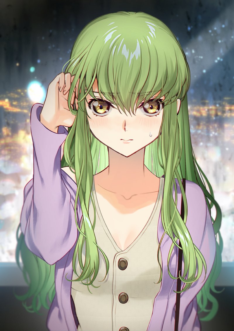 1girl beige_blouse breasts c.c. code_geass commentary_request creayus eyes_visible_through_hair green_hair jacket long_hair looking_at_viewer purple_jacket small_breasts solo upper_body yellow_eyes