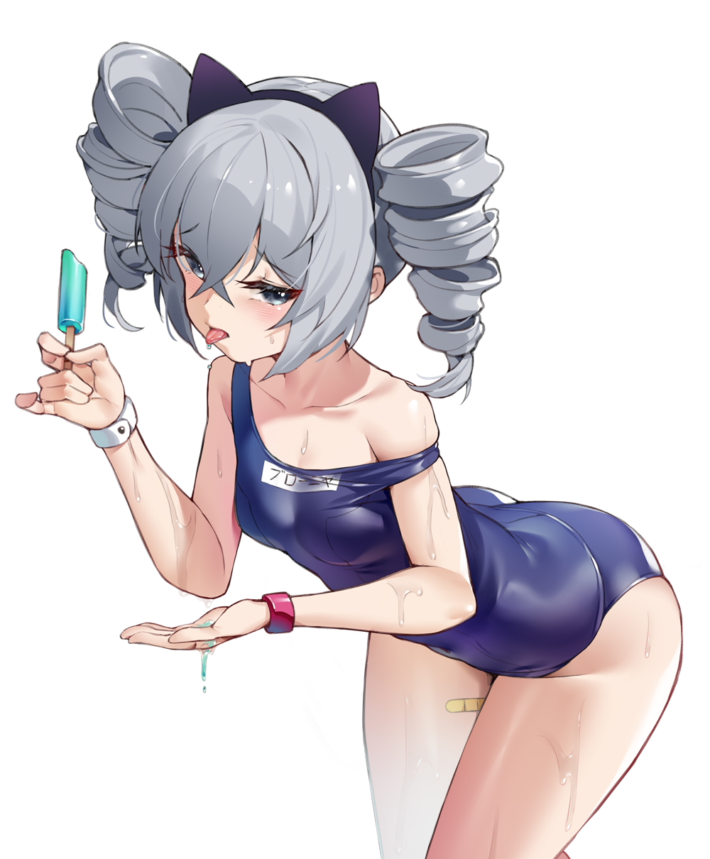 1girl ass bandaid bandaid_on_leg bangs bare_shoulders black_hairband blue_eyes blue_swimsuit blush breasts bronya_zaychik chinese_commentary collarbone covered_navel crossed_bangs drill_hair eyebrows_visible_through_hair ginklaga grey_hair hair_between_eyes hairband half-closed_eyes highres holding honkai_(series) honkai_impact_3rd leaning_forward looking_at_viewer medium_hair off_shoulder one-piece_swimsuit saliva school_swimsuit simple_background small_breasts smile solo standing sweat swimsuit thighs tongue tongue_out twin_drills white_background