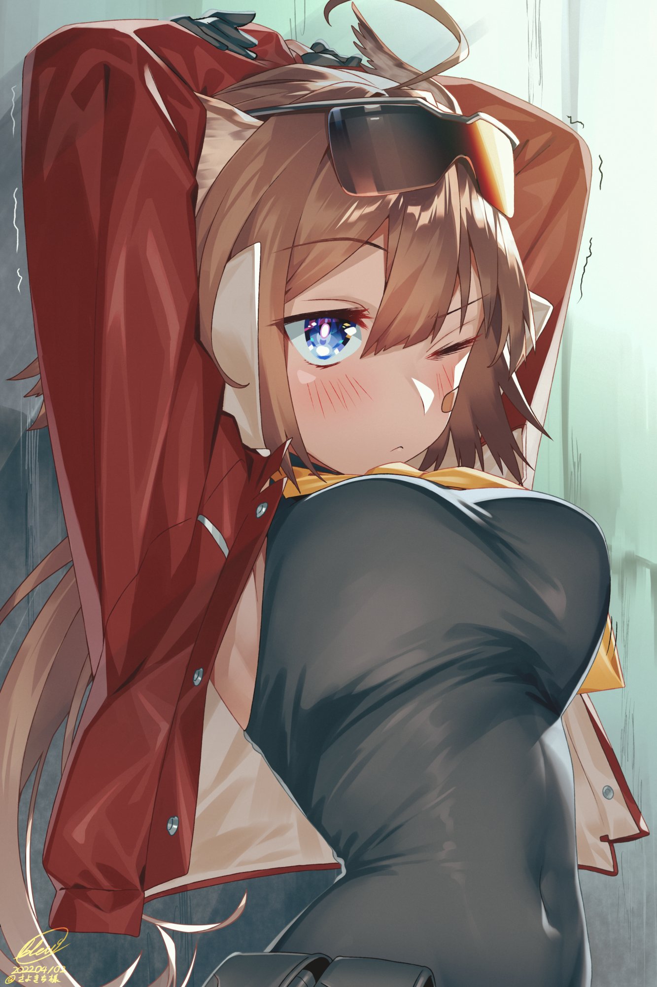 1girl ;&lt; aciddrop_(arknights) ahoge arknights armpit_peek arms_behind_head arms_up bandaid bandaid_on_face bangs black_shirt blew_andwhite blue_eyes blush breasts brown_hair closed_mouth covered_navel dated eyebrows_visible_through_hair eyewear_on_head feather_hair highres large_breasts long_hair motion_lines necktie shirt signature solo sunglasses taut_clothes taut_shirt upper_body yellow_necktie