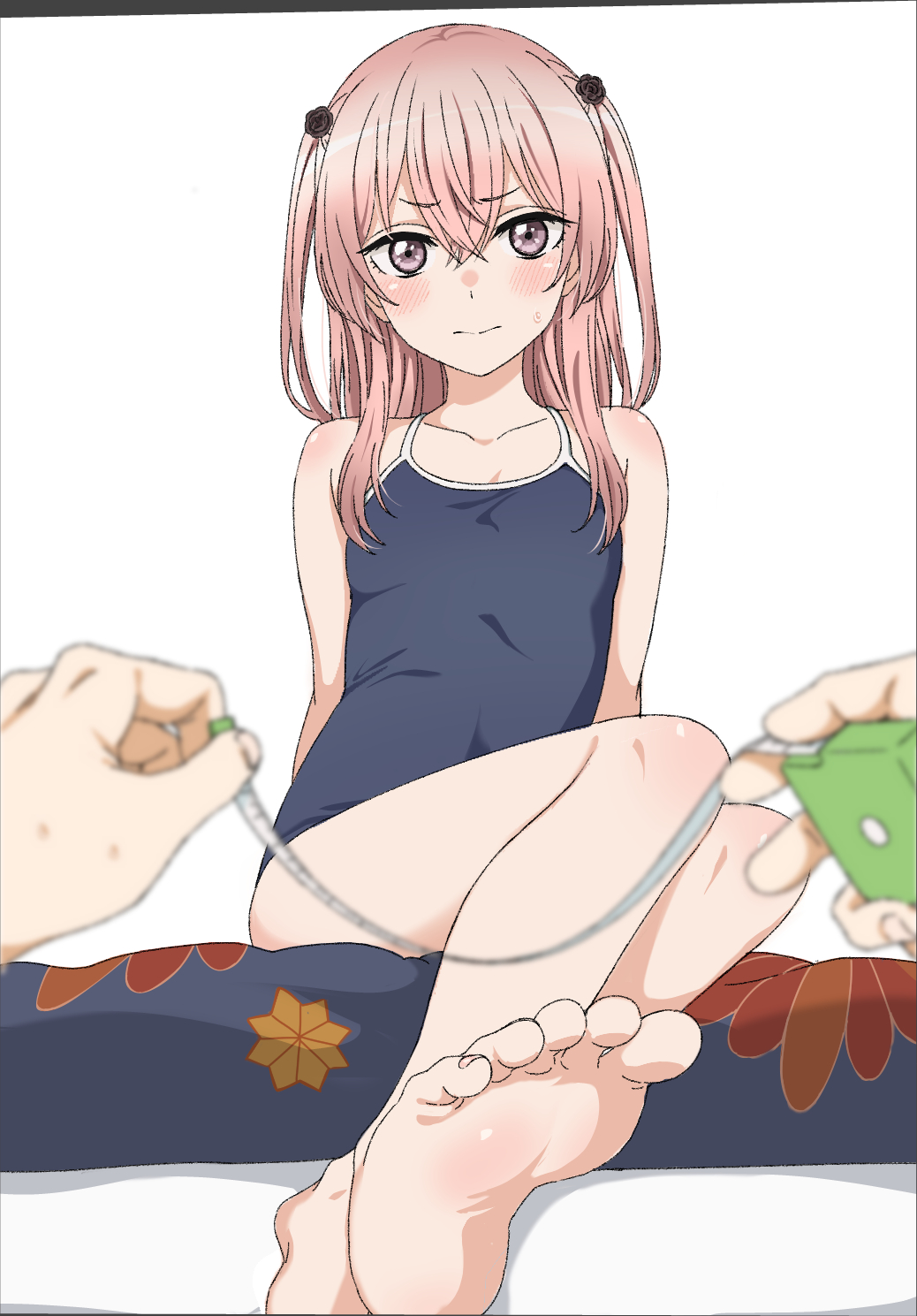 1boy 1girl bangs barefoot black_flower black_rose blue_swimsuit blush breasts commentary_request competition_school_swimsuit crossed_bangs embarrassed eyebrows_visible_through_hair feet flower foot_focus hair_between_eyes hair_flower hair_ornament highres inui_sajuna long_hair nnyu one-piece_swimsuit pink_eyes pink_hair pov pov_hands rose school_swimsuit sitting small_breasts solo_focus sono_bisque_doll_wa_koi_wo_suru sweatdrop swimsuit tape_measure toes white_background