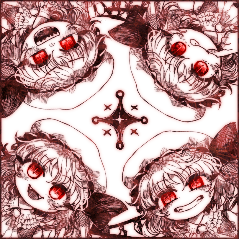 4girls :d :p ascot blush border closed_mouth commentary crystal eyebrows_visible_through_hair fangs finger_to_mouth flandre_scarlet four_of_a_kind_(touhou) frilled_shirt_collar frills grin hat hat_ribbon medium_hair mob_cap monochrome multiple_girls open_mouth portrait red_eyes ribbon sharp_teeth slit_pupils smile syoumikigengire teeth tongue tongue_out touhou vest wings