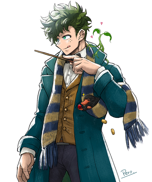 1boy black_bow black_bowtie boku_no_hero_academia bow bowtie bowtruckle coat collared_shirt cosplay creature freckles gem gold_coin green_coat green_eyes green_hair heart holding holding_gem holding_wand male_focus midoriya_izuku multicolored_clothes multicolored_scarf newt_scamander newt_scamander_(cosplay) niffler pero_(pero56870578) scarf shirt simple_background solo tongue tongue_out trench_coat twitter_username vest wand yellow_vest