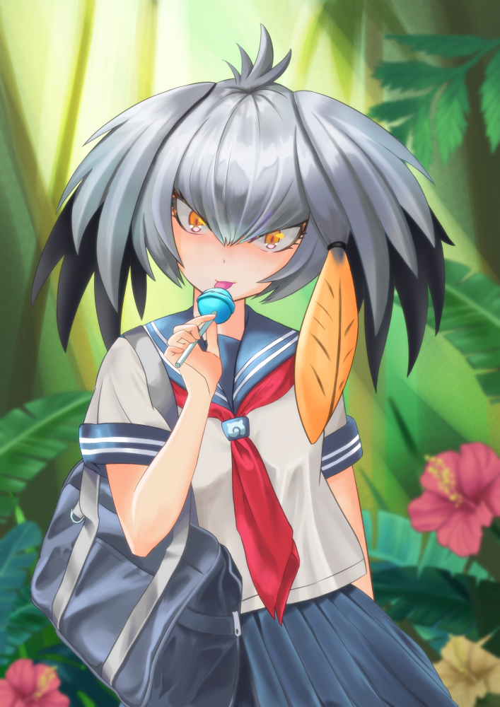 1girl alternate_costume antenna_hair arm_at_side asymmetrical_hair bag bangs bare_arms black_hair blue_sailor_collar blue_skirt blurry blurry_background candy collared_shirt day eyelashes flower food grey_hair hair_between_eyes hand_up head_tilt holding holding_candy holding_food holding_lollipop kemono_friends licking light_smile lollipop long_hair looking_at_viewer multicolored_hair neckerchief niwa_tuki orange_eyes orange_hair outdoors plant pleated_skirt red_neckerchief sailor_collar school_uniform serafuku shiny shiny_hair shirt shoebill_(kemono_friends) short_sleeves shoulder_bag side_ponytail skirt solo sweets tongue tongue_out upper_body