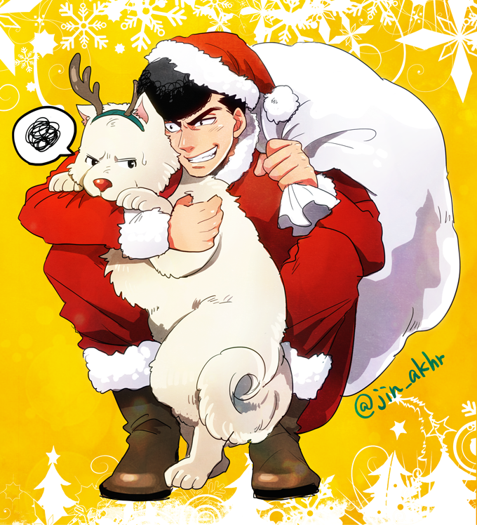 1boy angry animal antlers bag black_hair boots bruise bruise_on_face christmas christmas_tree commentary_request dog full_body grin hajime_no_ippo hat holding holding_animal holding_bag holding_dog injury jin_akhr male_focus muscular muscular_male reindeer_antlers santa_costume santa_hat short_hair smile solo speech_bubble squatting sweatdrop takamura_mamoru teeth thick_eyebrows yellow_background