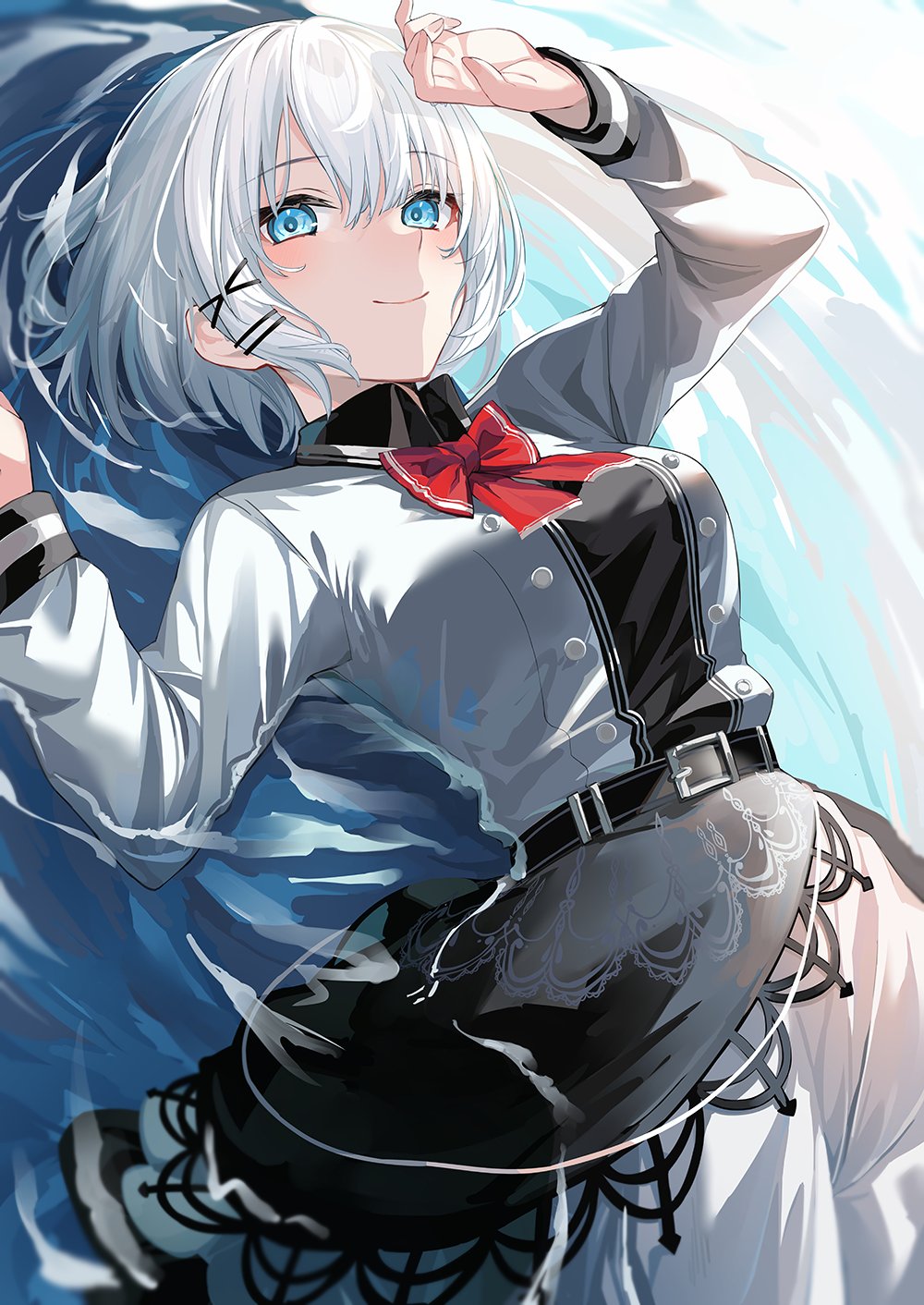 1girl bangs belt belt_buckle black_shirt black_skirt blue_eyes bow bowtie breasts buckle closed_mouth collared_shirt grey_jacket grey_shirt hair_ornament highres jacket layered_skirt long_sleeves looking_at_viewer lying medium_breasts official_art on_back red_bow red_bowtie second-party_source shading_eyes shirt short_hair sidelocks siesta_(tantei_wa_mou_shindeiru) skirt smile solo tantei_wa_mou_shindeiru umibouzu_(niito) water white_hair x_hair_ornament