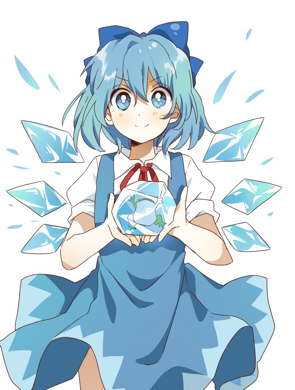 1girl bangs blue_bow blue_dress blue_eyes blue_hair blush bow cirno closed_mouth collared_shirt cowboy_shot dress eyebrows_visible_through_hair frog frozen_frog hair_between_eyes hair_bow highres holding ice ice_wings looking_at_viewer pinafore_dress puffy_short_sleeves puffy_sleeves sasaki_sakiko shirt short_hair short_sleeves simple_background smile solo standing touhou v-shaped_eyebrows white_background white_shirt wings