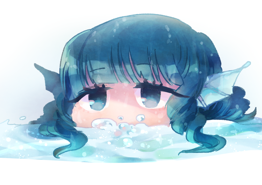 1girl bangs blue_eyes blue_hair blunt_bangs bubble bubble_blowing commentary covered_mouth drill_hair eyebrows_visible_through_hair head_fins looking_at_viewer medium_hair partially_submerged portrait simple_background solo syoumikigengire touhou wakasagihime water white_background