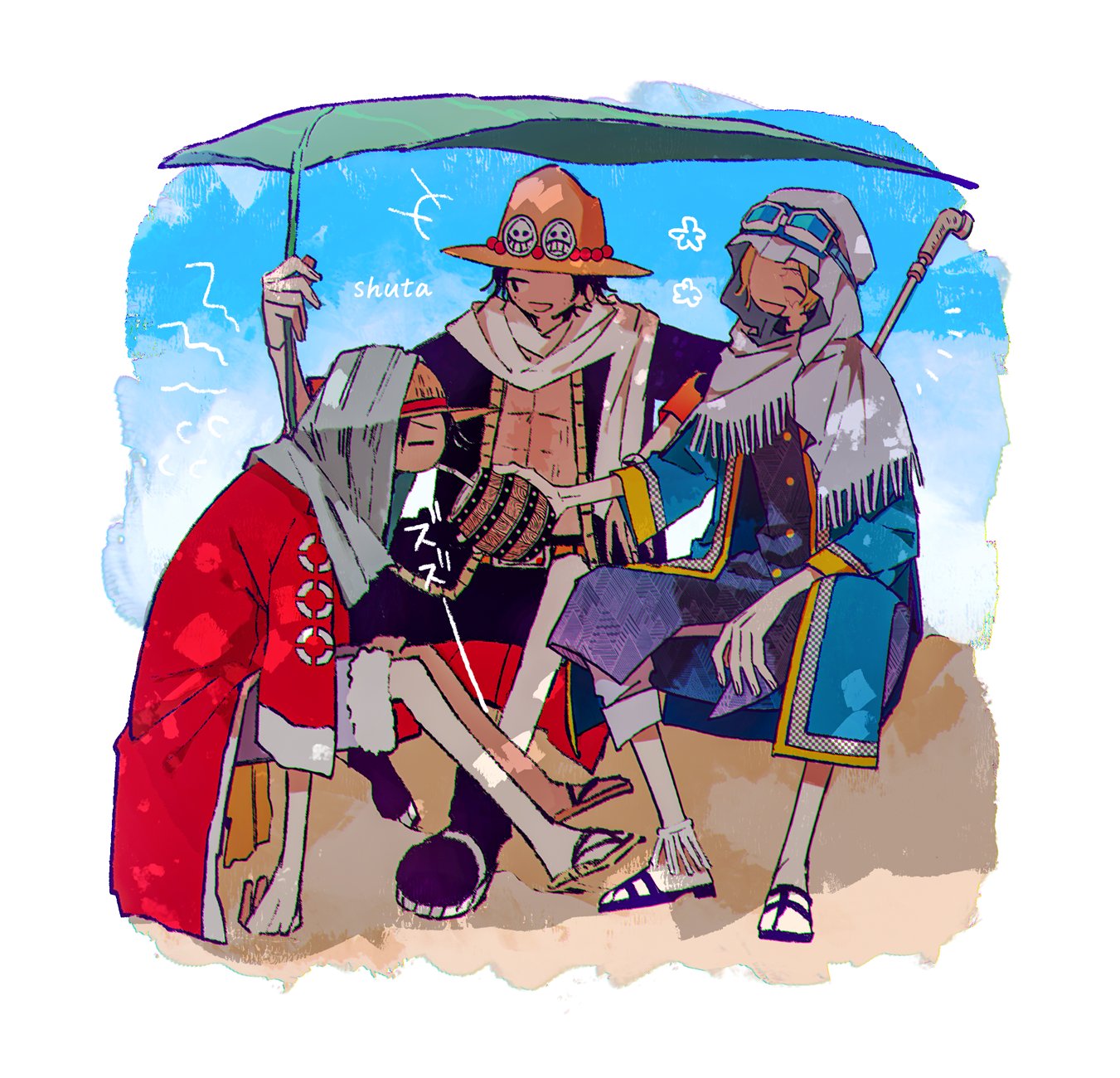 3boys :d achpyu alternate_universe brothers cup drinking drinking_straw hat highres hood hot male_focus monkey_d._luffy multiple_boys one_piece portgas_d._ace sabo_(one_piece) siblings smile