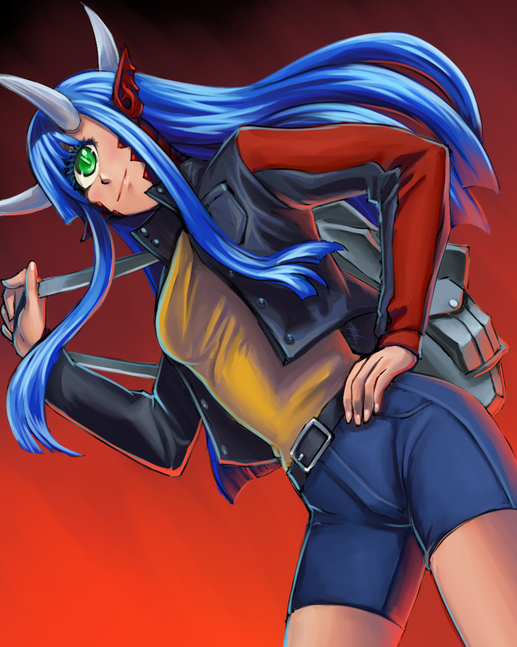 1girl bag belt blue_hair blue_shorts cacodemon commentary cropped_jacket cyclops demon_girl doom_(series) gradient gradient_background green_eyes hand_on_hip highres horns jacket light_smile long_hair long_sleeves multiple_horns one-eyed open_clothes open_jacket personification pointy_ears scales shorts sidelocks simple_background solo substance20