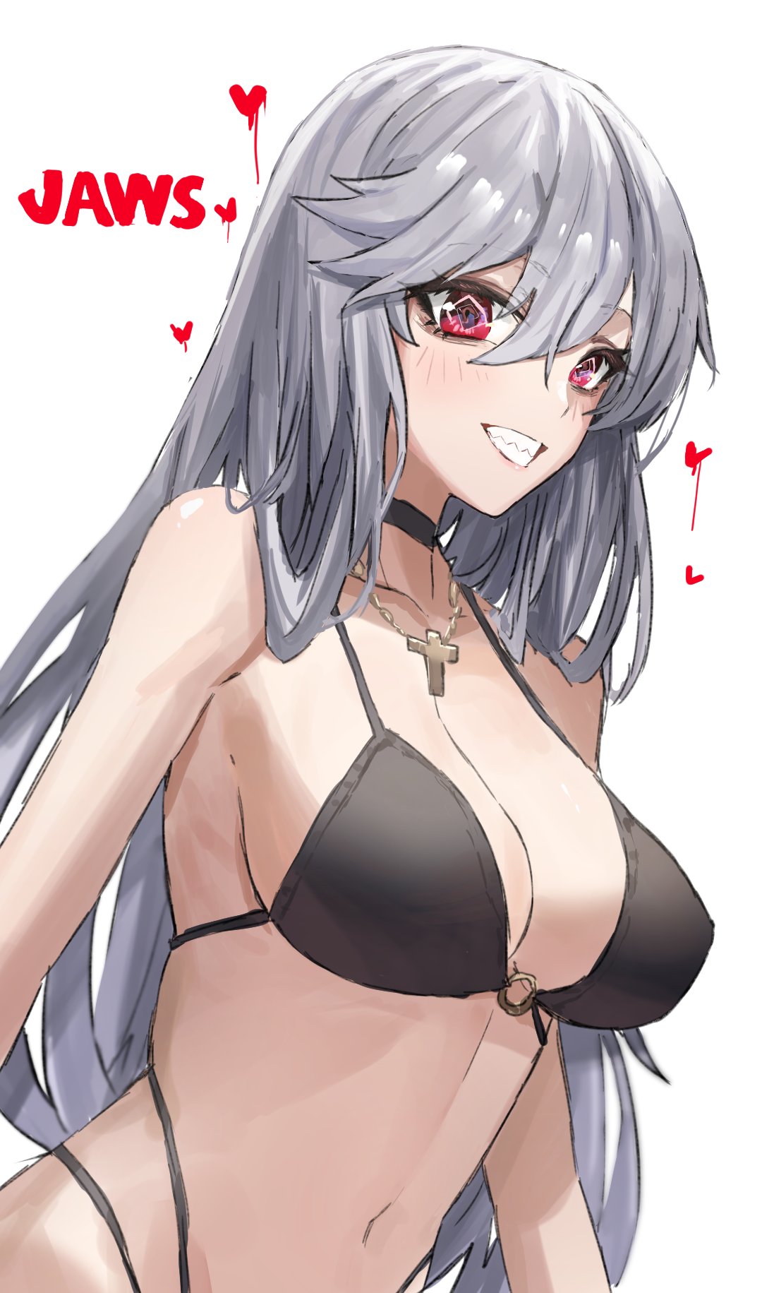 1girl arknights bangs bare_shoulders bikini black_bikini black_choker blush breasts choker commentary cross cross_necklace eyebrows_visible_through_hair grin hair_between_eyes highres jewelry large_breasts long_hair looking_at_viewer navel necklace no_hat no_headwear o-ring o-ring_bikini raw_egg_lent red_eyes sharp_teeth silver_hair simple_background smile solo specter_(arknights) stomach swimsuit teeth upper_body very_long_hair white_background