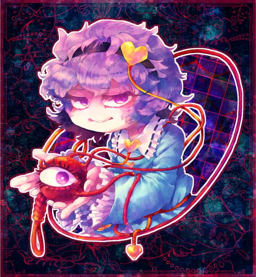 1girl black_hairband blouse blue_blouse buttons closed_mouth commentary eyebrows_visible_through_hair frilled_shirt_collar frilled_sleeves frills hair_ornament hairband heart heart_button heart_hair_ornament holding komeiji_satori long_sleeves looking_at_viewer messy_hair purple_hair ribbon_trim short_hair smile solo syoumikigengire third_eye touhou upper_body violet_eyes wide_sleeves