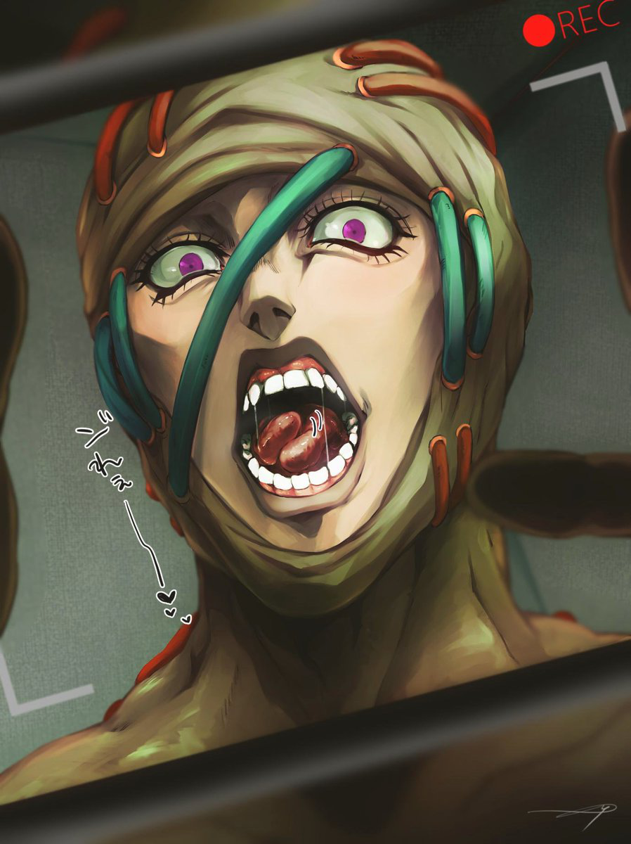 1boy bodysuit highres hospital_0434 jojo_no_kimyou_na_bouken male_focus open_mouth recording saliva_drip secco solo teeth tongue tongue_out vento_aureo viewfinder violet_eyes wide-eyed