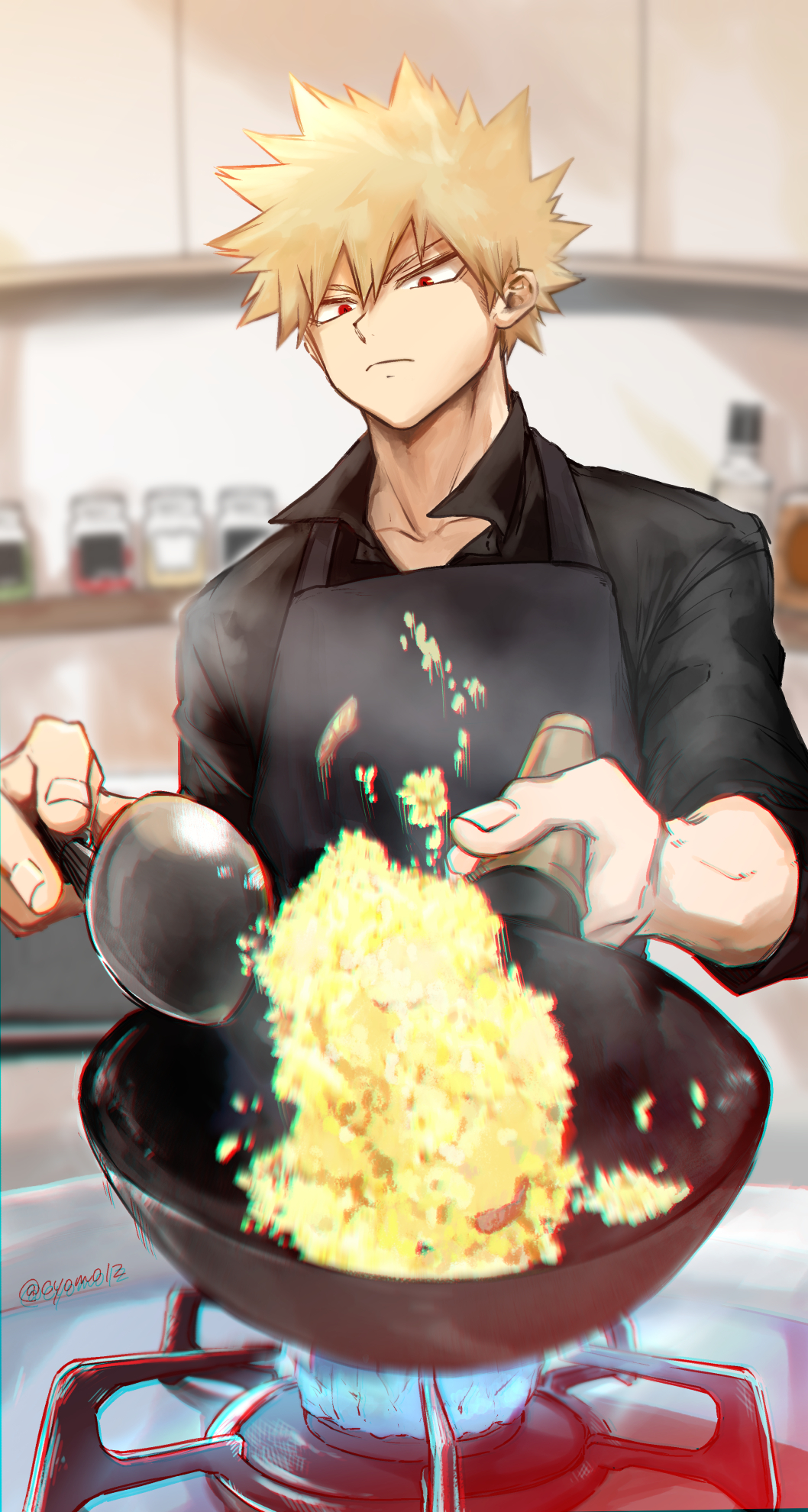 1boy apron bakugou_katsuki black_shirt blonde_hair blue_fire blurry blurry_background boku_no_hero_academia cho_mo_futoshi collared_shirt cooking fire food foreshortening fried_rice frying_pan highres holding holding_frying_pan jar kitchen male_focus red_eyes shirt solo spiky_hair stove twitter_username