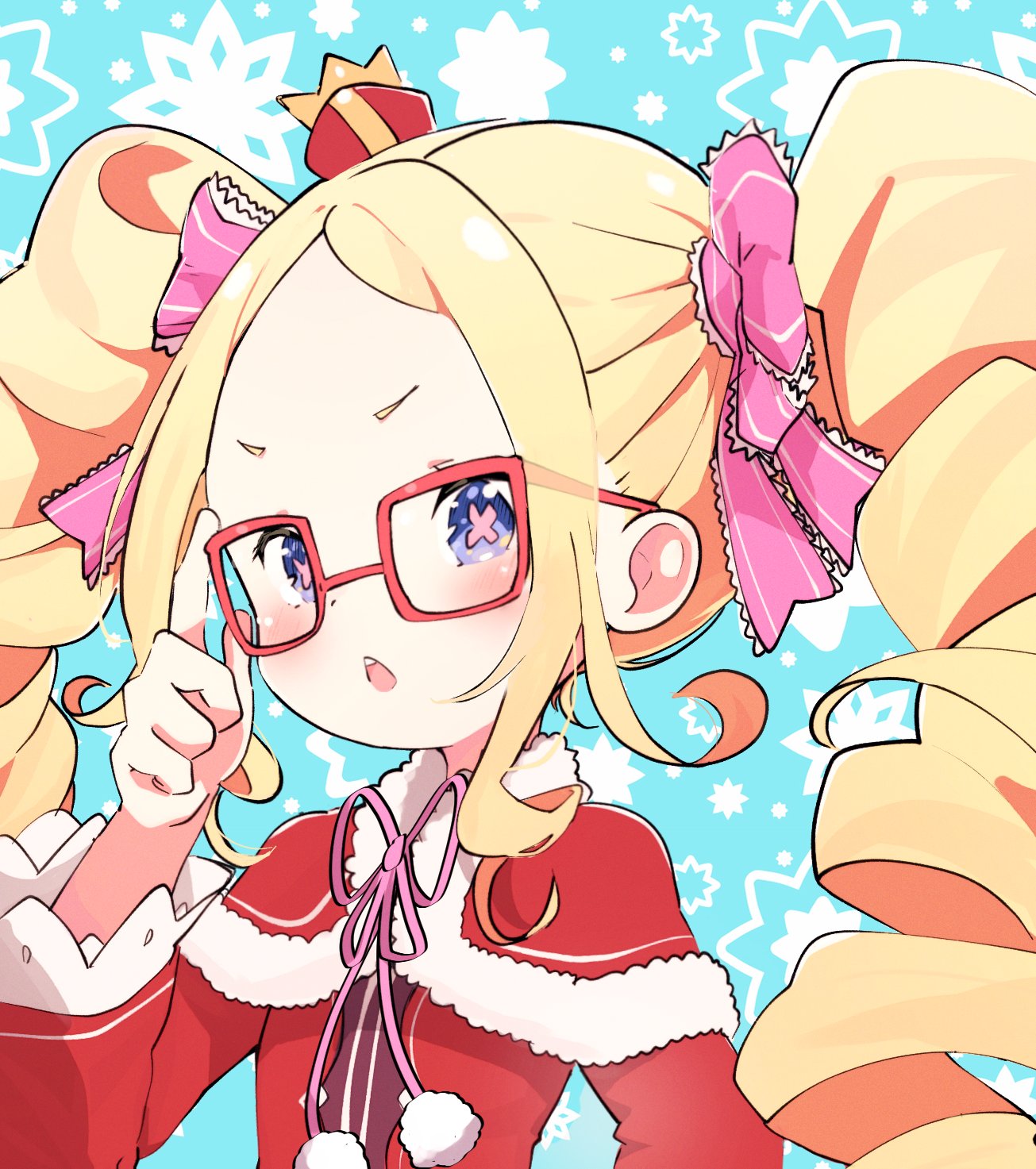 1girl beatrice_(re:zero) blonde_hair blue_eyes bow bug butterfly cloak crown crown_hair_ornament curly_hair dress fur_collar fur_trim glasses hand_on_eyewear hand_on_own_face highres lace_trim long_hair looking_at_viewer mini_crown open_mouth pale_skin re:zero_kara_hajimeru_isekai_seikatsu ribbon ringlets simple_background twintails zerobarto