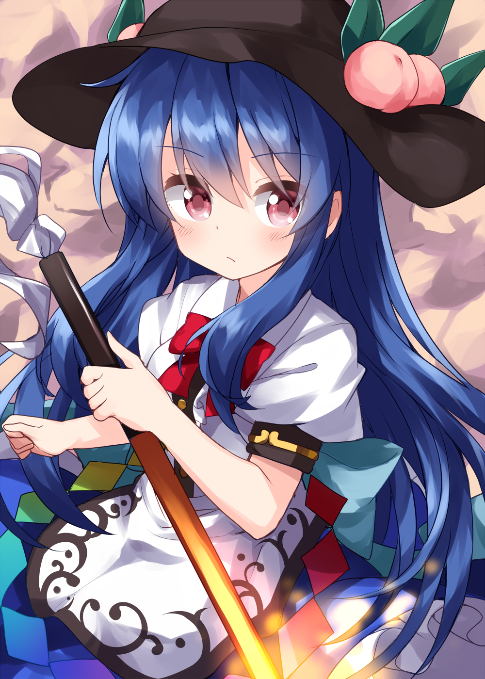 1girl :/ black_headwear blue_hair blue_skirt blush bow bowtie closed_mouth eyebrows_visible_through_hair food fruit hair_between_eyes hat highres hinanawi_tenshi holding holding_weapon leaf long_hair looking_at_viewer peach puffy_short_sleeves puffy_sleeves red_bow red_eyes ruu_(tksymkw) shirt short_sleeves skirt solo sword_of_hisou touhou very_long_hair weapon white_shirt