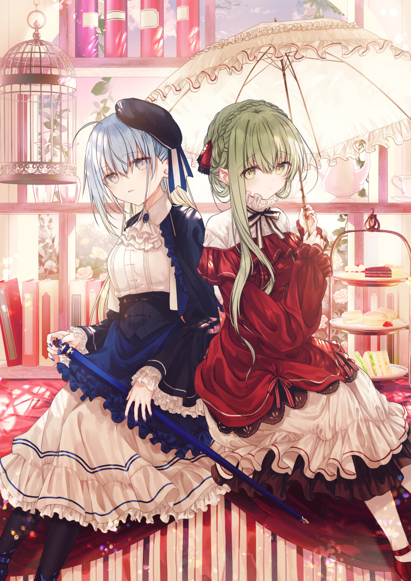2girls ahoge bangs beret birdcage black_headwear black_legwear blue_hair blue_nails blush book braid cage cecilia_(shiro_seijo_to_kuro_bokushi) closed_mouth commentary_request crown_braid cup dress eyebrows_visible_through_hair food frilled_skirt frilled_umbrella frills green_eyes green_hair hair_between_eyes hat holding holding_umbrella kazutake_hazano long_hair looking_at_viewer multiple_girls nail_polish pantyhose parted_lips red_dress red_footwear red_nails sandwich saucer shiro_seijo_to_kuro_bokushi shoes skirt teacup teapot tiered_tray tilted_headwear umbrella very_long_hair white_dress white_legwear white_skirt white_umbrella