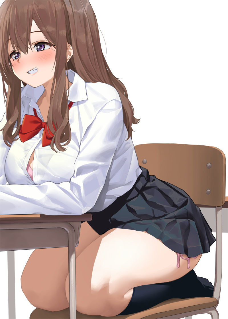 1girl bangs black_legwear black_skirt blush breasts brown_hair chair collared_shirt commentary commentary_request desk grin kaisen_chuui kneehighs kneeling large_breasts long_hair long_sleeves necktie original parted_lips red_necktie school_uniform shirt shirt_tucked_in simple_background skirt smile solo teeth thighs violet_eyes white_background white_shirt