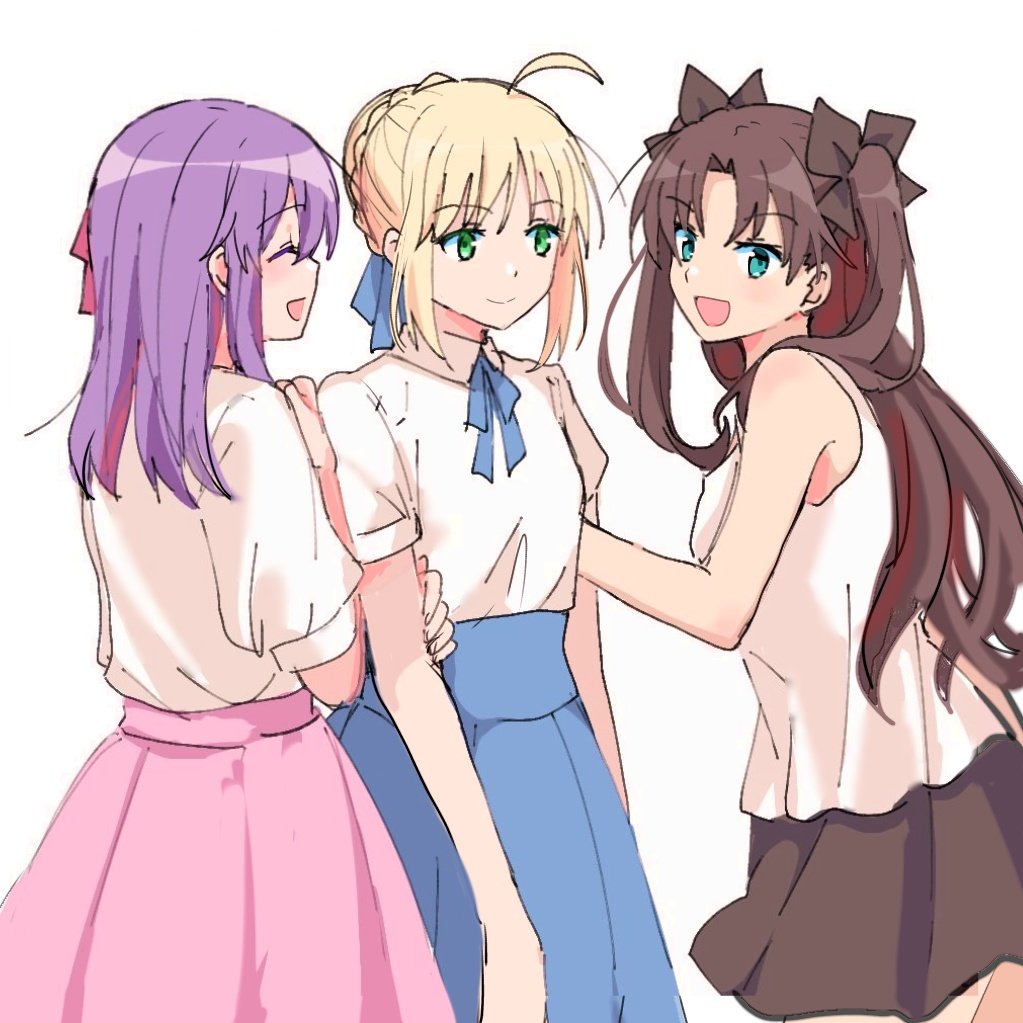 3girls :d ahoge aqua_eyes artoria_pendragon_(fate) bare_arms bare_shoulders black_hair black_ribbon black_skirt blonde_hair blue_ribbon blue_skirt braid closed_eyes commentary_request eyebrows_visible_through_hair facing_another fate/stay_night fate_(series) french_braid green_eyes hair_ribbon korean_commentary long_hair looking_at_another matou_sakura multiple_girls neck_ribbon open_mouth pink_skirt purple_hair red_ribbon ribbon saber shirt short_sleeves sierit simple_background skirt sleeveless sleeveless_shirt smile tohsaka_rin twintails white_background white_shirt