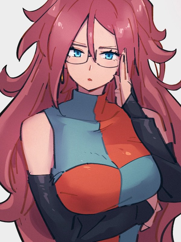 1girl android_21 breasts checkered_clothes checkered_dress dragon_ball dragon_ball_fighterz dress earrings glasses grey_background hair_between_eyes jewelry kemachiku large_breasts long_hair looking_at_viewer redhead simple_background solo upper_body